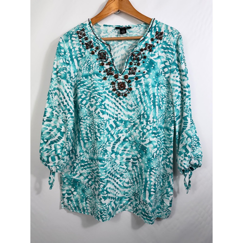 Style & Co Womens Teal White Linen Beaded Tunic Top 3/4‎ Sleeve Size 8